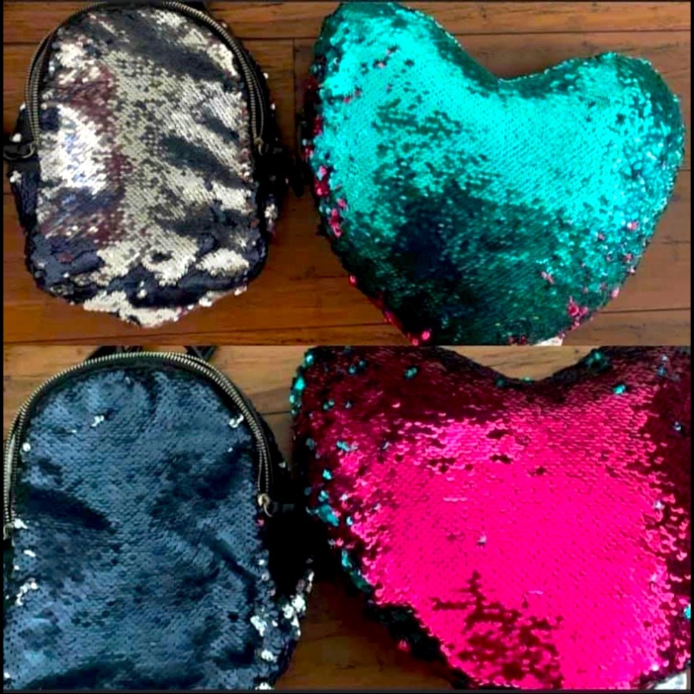 Sequin Flip mini backpack and heart pillow